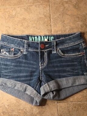 Hydraulic Dark Blue Denim Rolled Cuff Jean Shorts